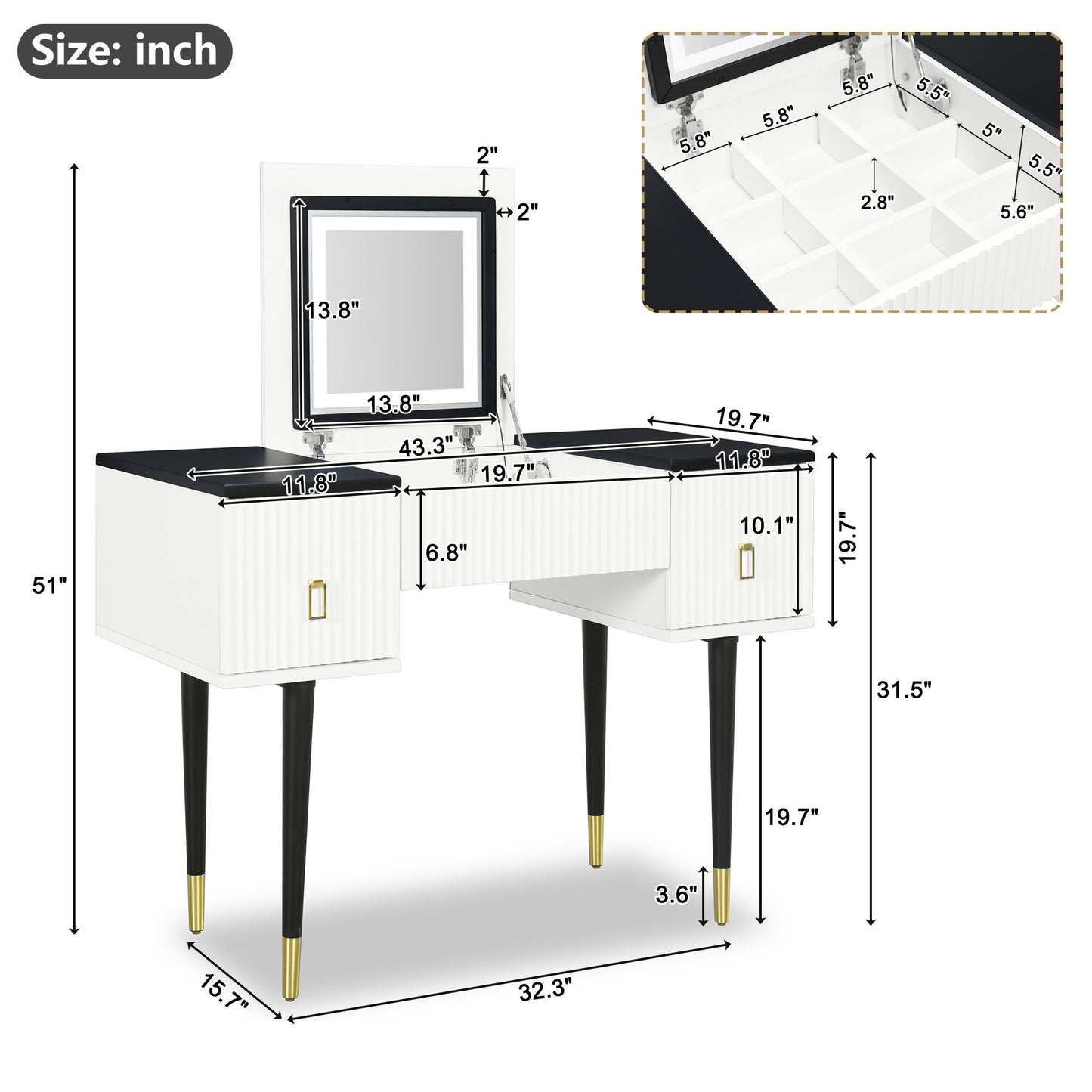 Marble Glow Makeup Vanities Table Set - White and Black