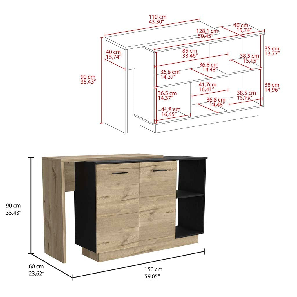 Sicilia Kitchen Island Three Shelves -Black + Oak