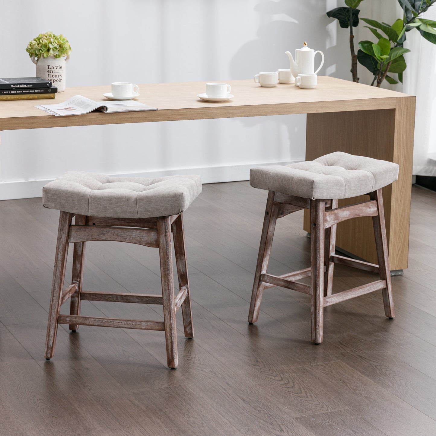 Farmhouse Counter Stools Height 25" - Beige Set of 2