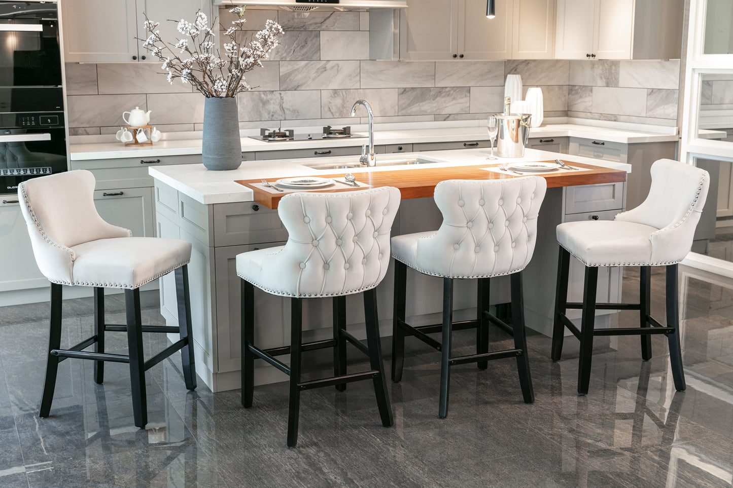 Family Velvet Upholstered Wing-Back Bar Stools - Beige Set of 4