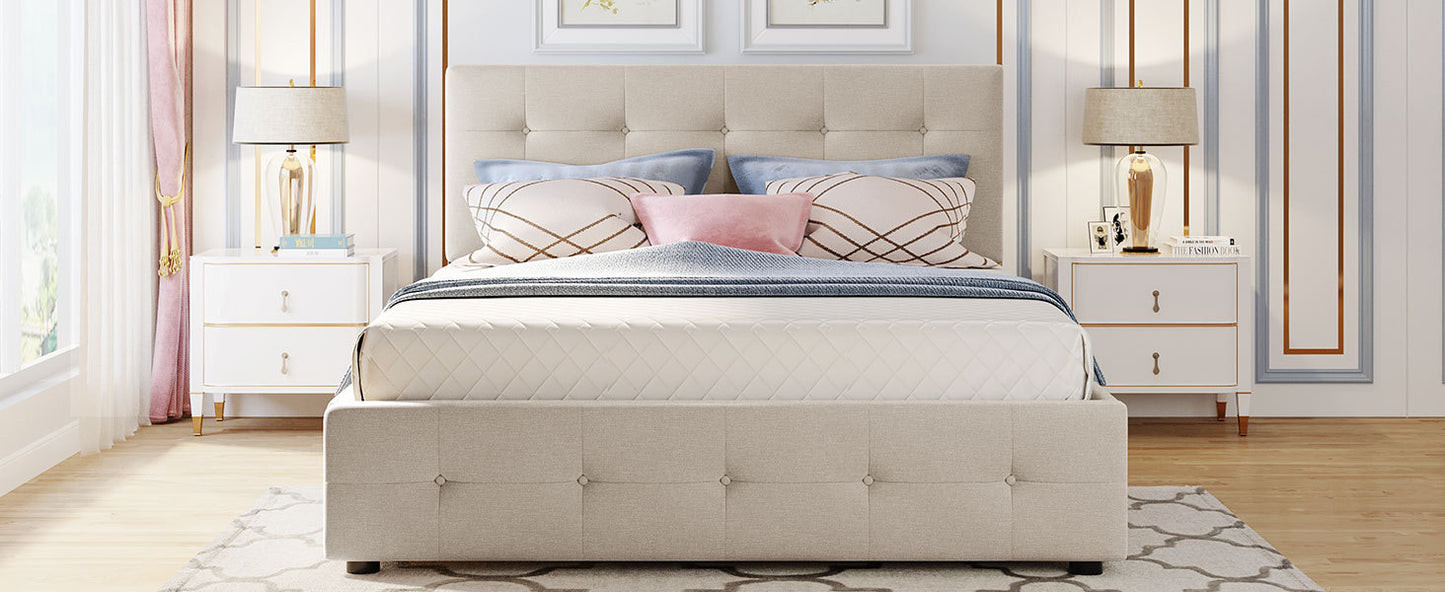 Draco Queen Size Platform Bed with 2 Drawers - Beige