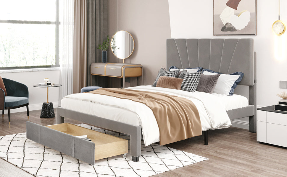 Xavier Queen Size Storage Bed Metal Platform Bed with Drawer - Gray