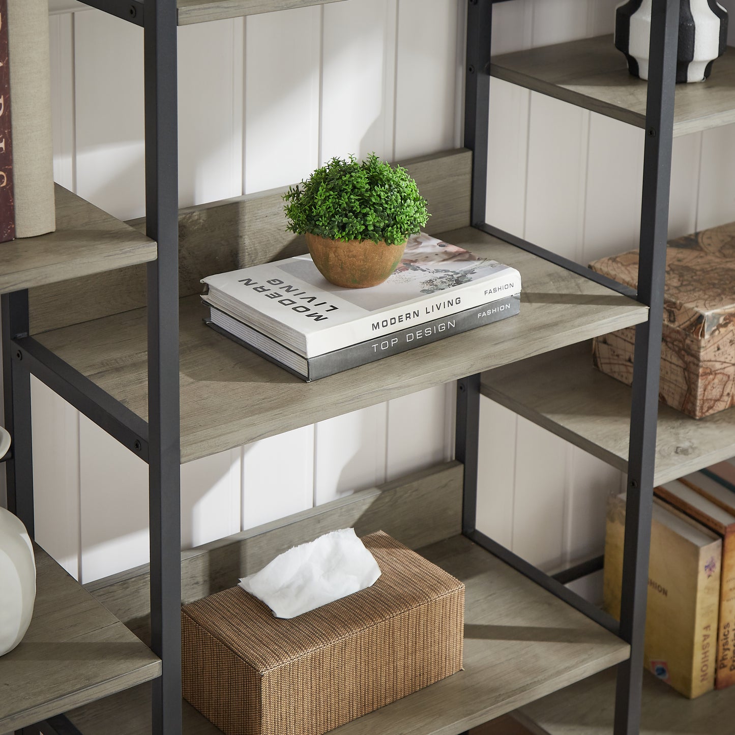 Triple Wide 5-shelf Bookshelves Industrial Retro Wooden Style - Grey