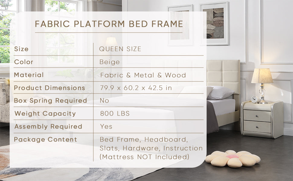 Elegant Queen Size Platform Bed Frame - Beige