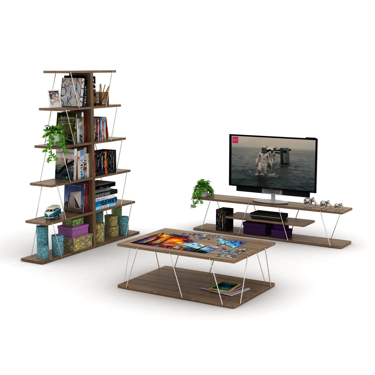 Modern Space-Saver Ladder Bookshelf Organizer - Walnut