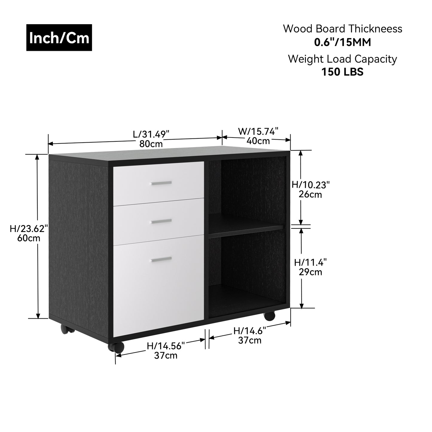 32'' Wide 3 -Drawer Mobile Filing Cabinet - Black oak and Grey