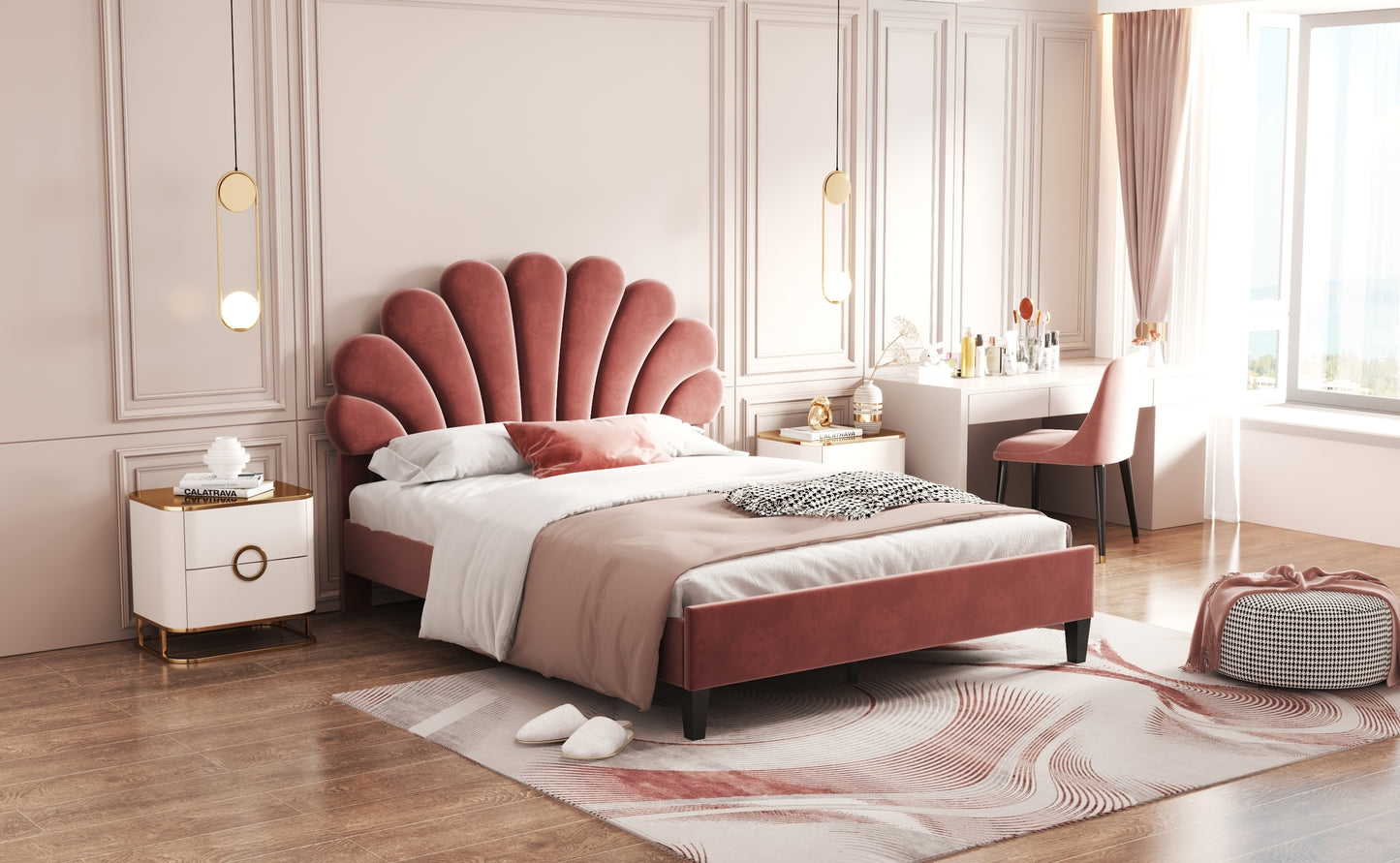 Floral Bliss Full Size Velvet Platform Bed Frame - Red