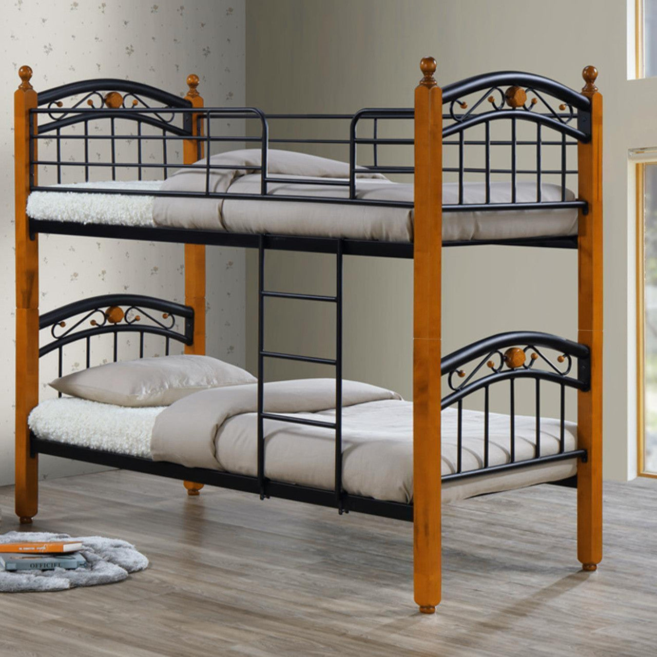 Go Green Woods Lexus Twin-Twin Black Metal Bunk Bed with Solid Wood Legs