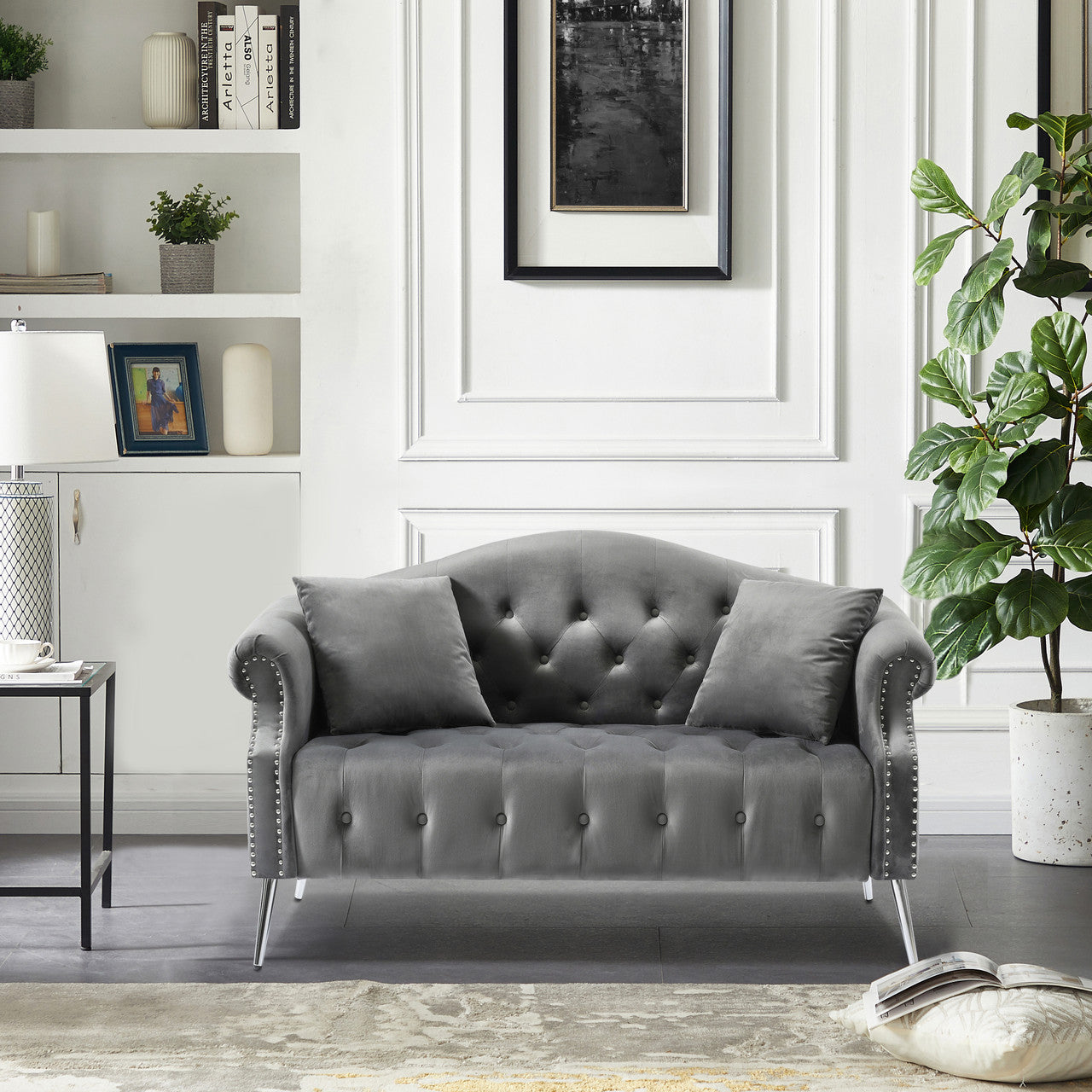 Classic Chesterfield Grey Velvet Loveseat