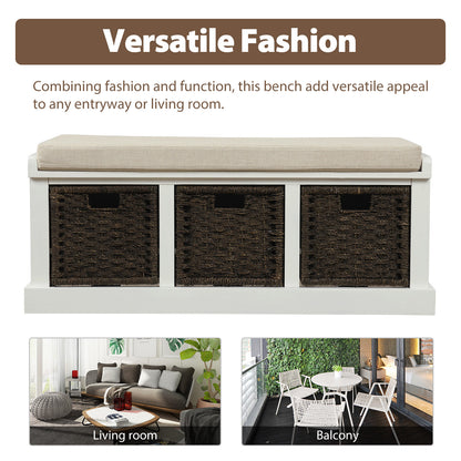 Bella Storage Bench with 3 Removable Classic Rattan Basket - White