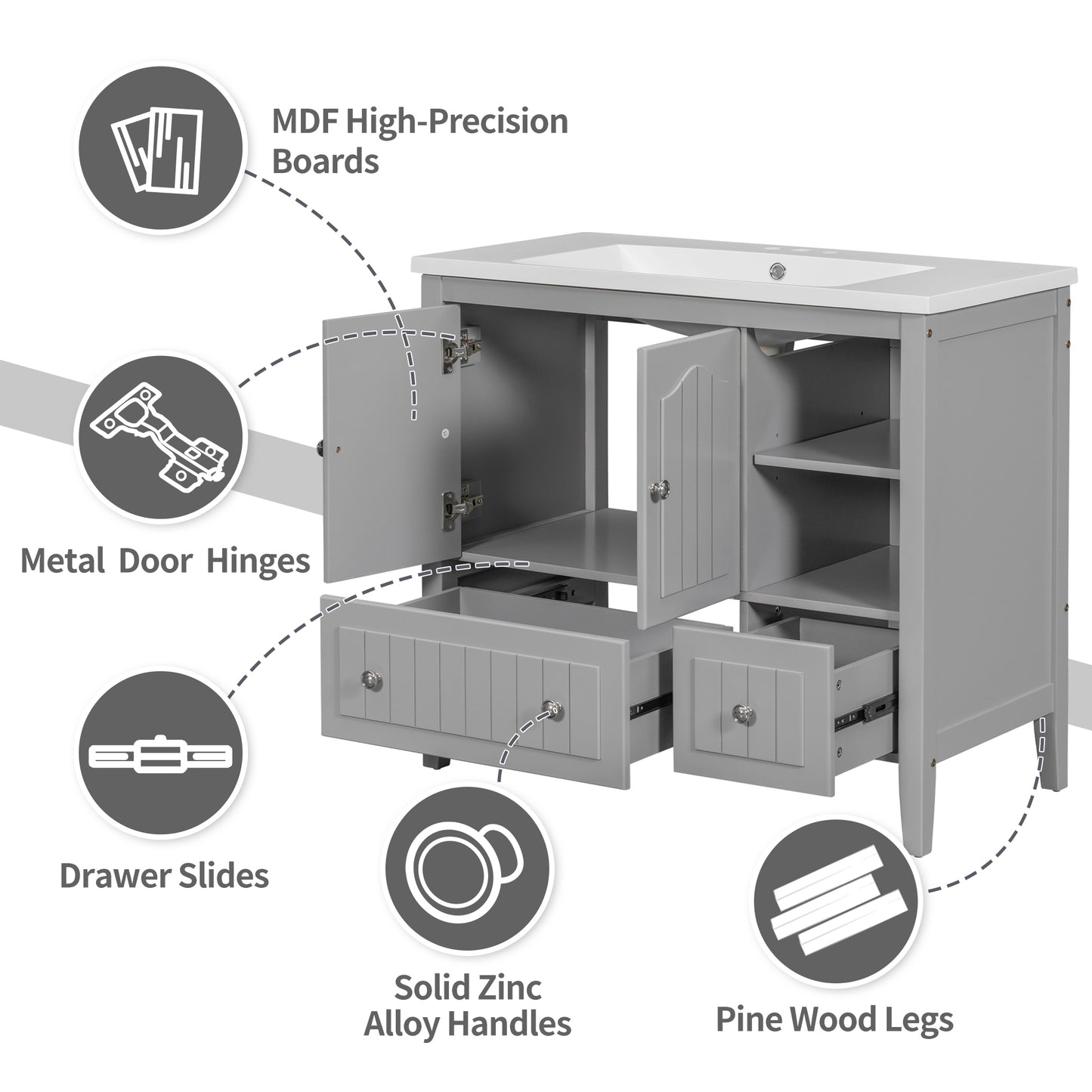 Oasis Bathroom Vanity with Ceramic Basin, Metal Handles
