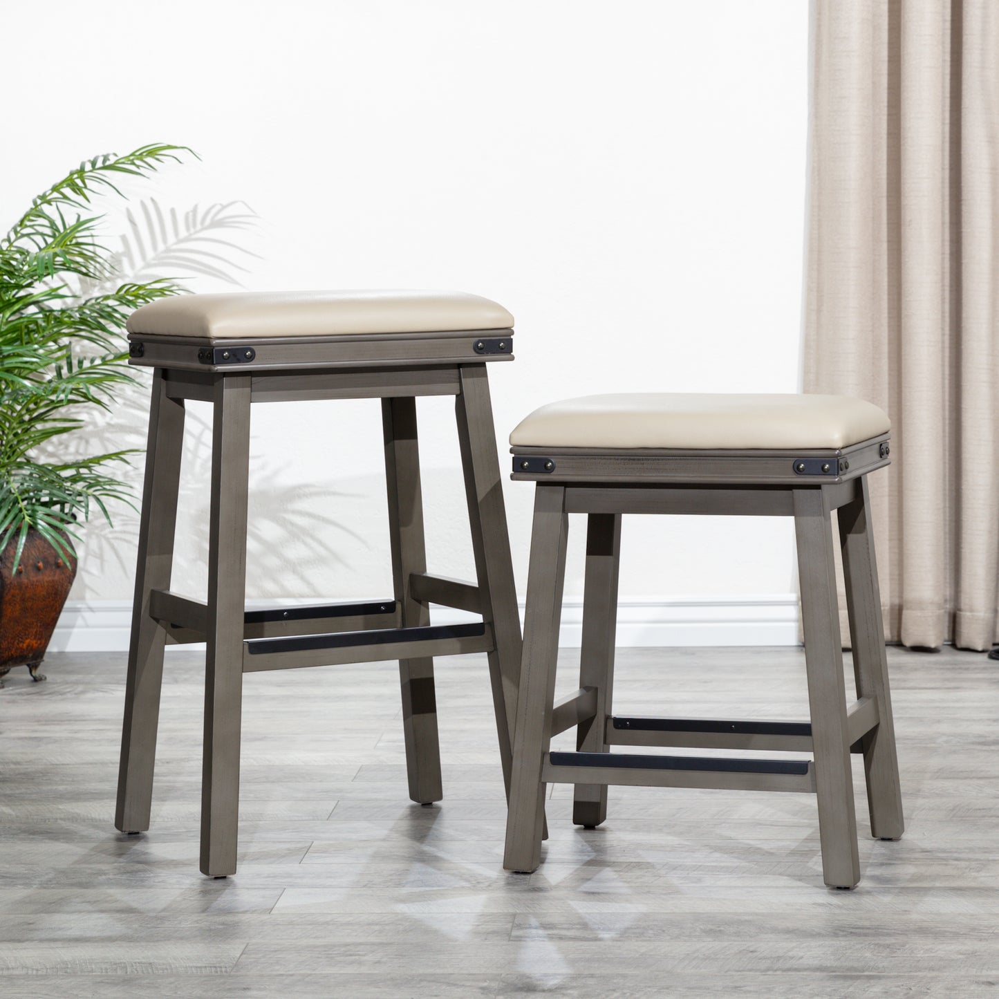 Flat Counter Stool  White Finish, Black Leather Seat