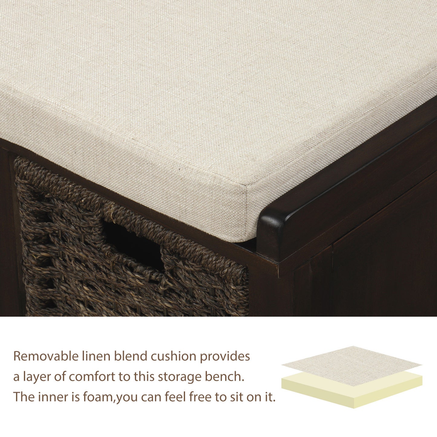 Bella Storage Bench with 3 Removable Classic Rattan Basket - Espresso