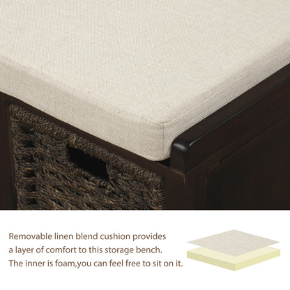 Bella Storage Bench with 3 Removable Classic Rattan Basket - Espresso