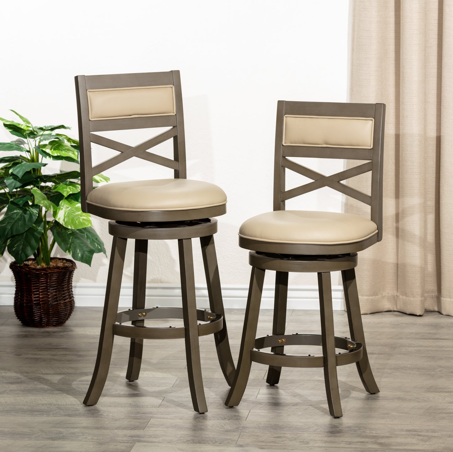 Counter Height X-Back Swivel Stool, Weathered Gray Finish, French Gray Leather Seat