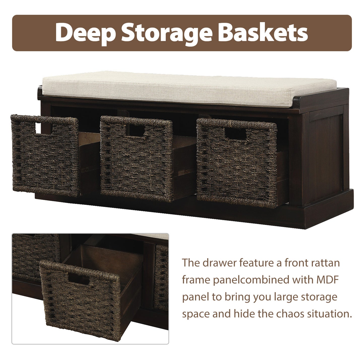 Bella Storage Bench with 3 Removable Classic Rattan Basket - Espresso