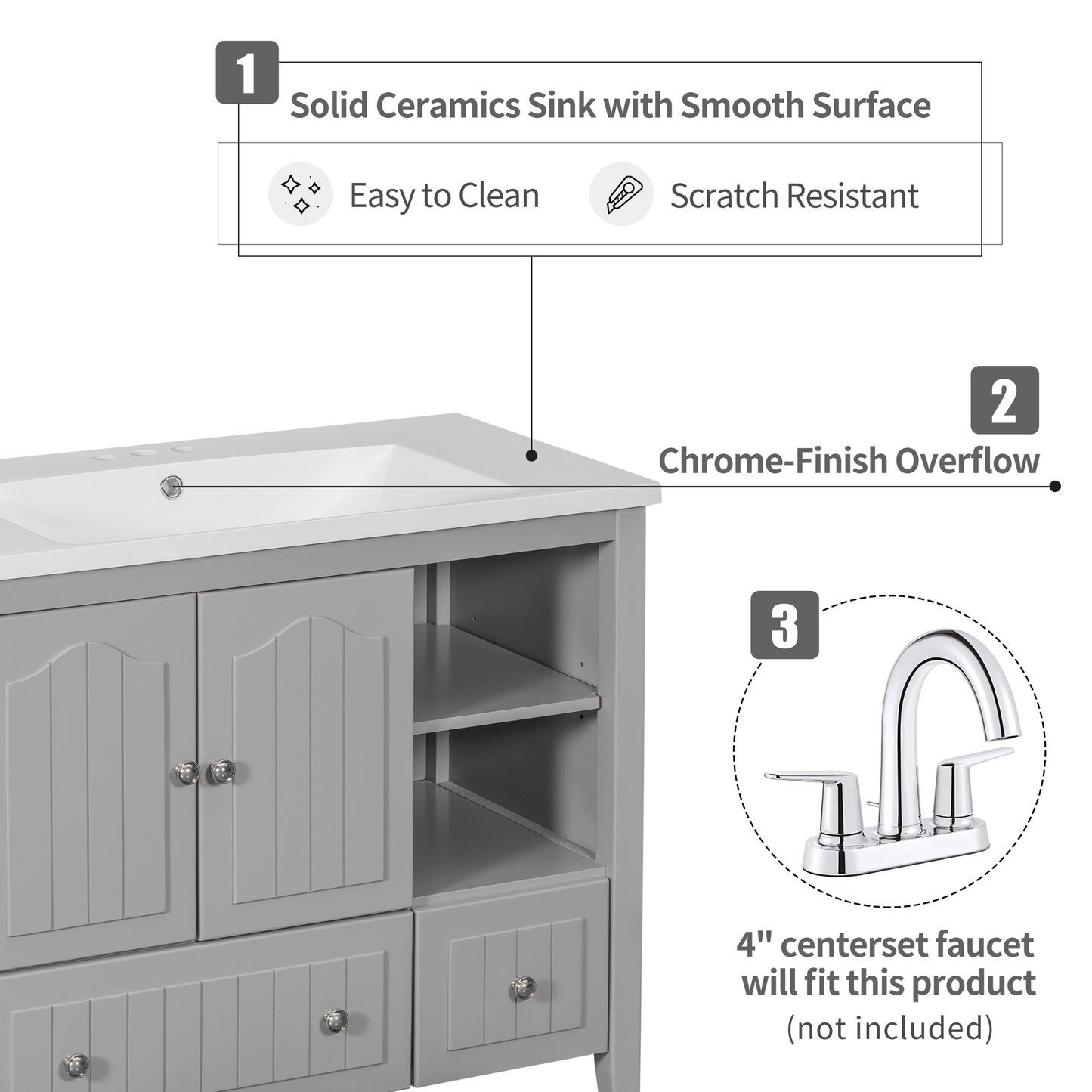 Oasis Bathroom Vanity with Ceramic Basin, Metal Handles