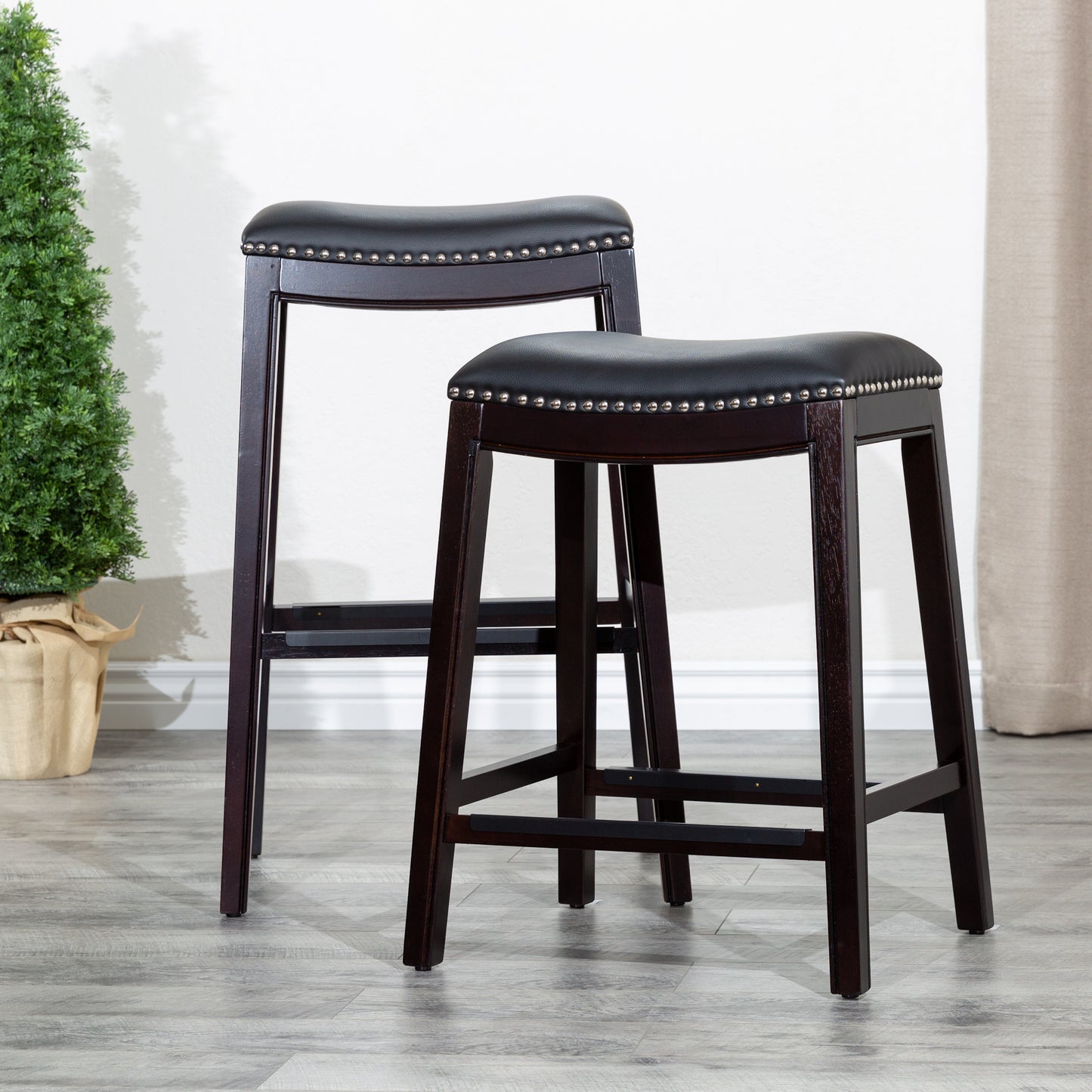 Viva Counter Stool, Espresso Finish, Black Leather Seat