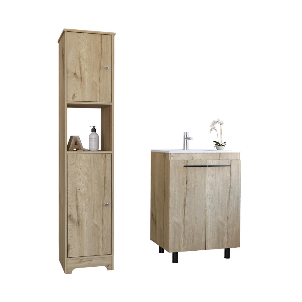 Joy Bathroom Set, Linen Cabinet + Standing Sink Cabinet - Light Oak