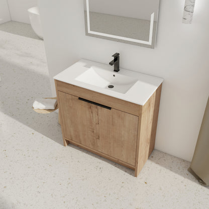 36" Freestanding Bathroom Vanity with White Ceramic Sink & 2 Soft-Close Cabinet Doors