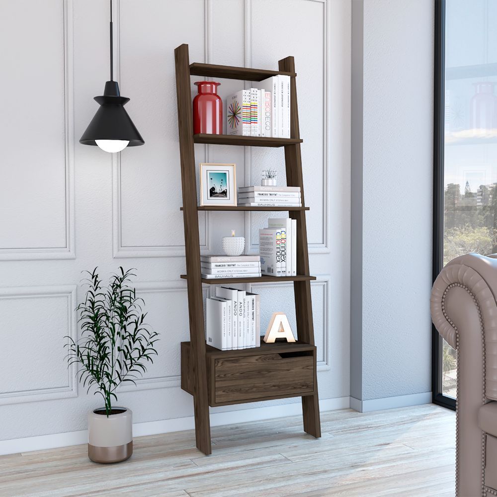 Havenwood 1-Drawer 4-Shelf Ladder Bookcase Dark Walnut