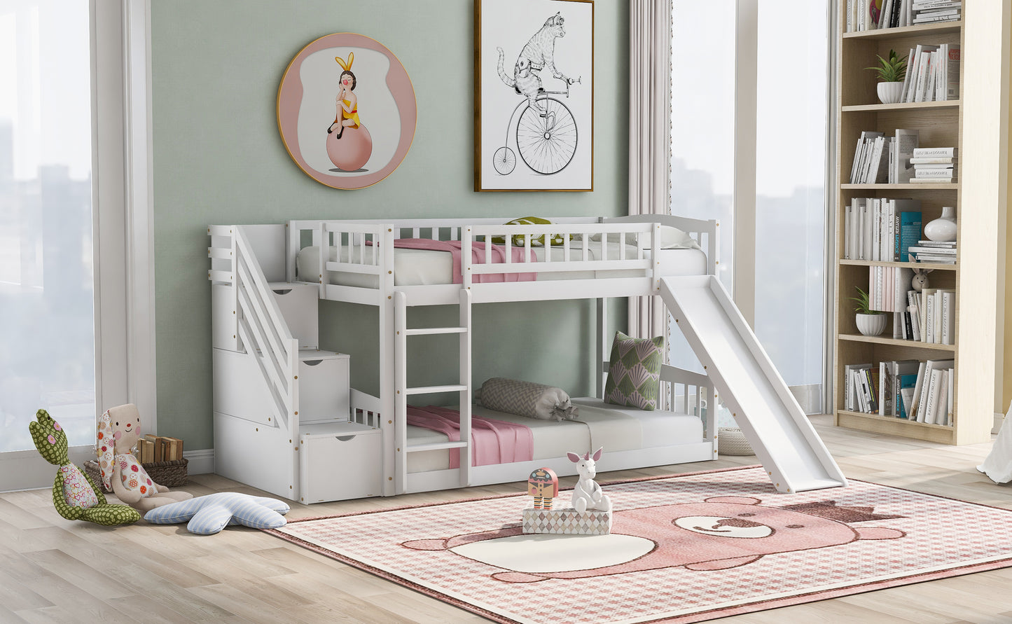 Dreamscape Twin over Twin Bunk Bed with Storage and Slide, Snow White