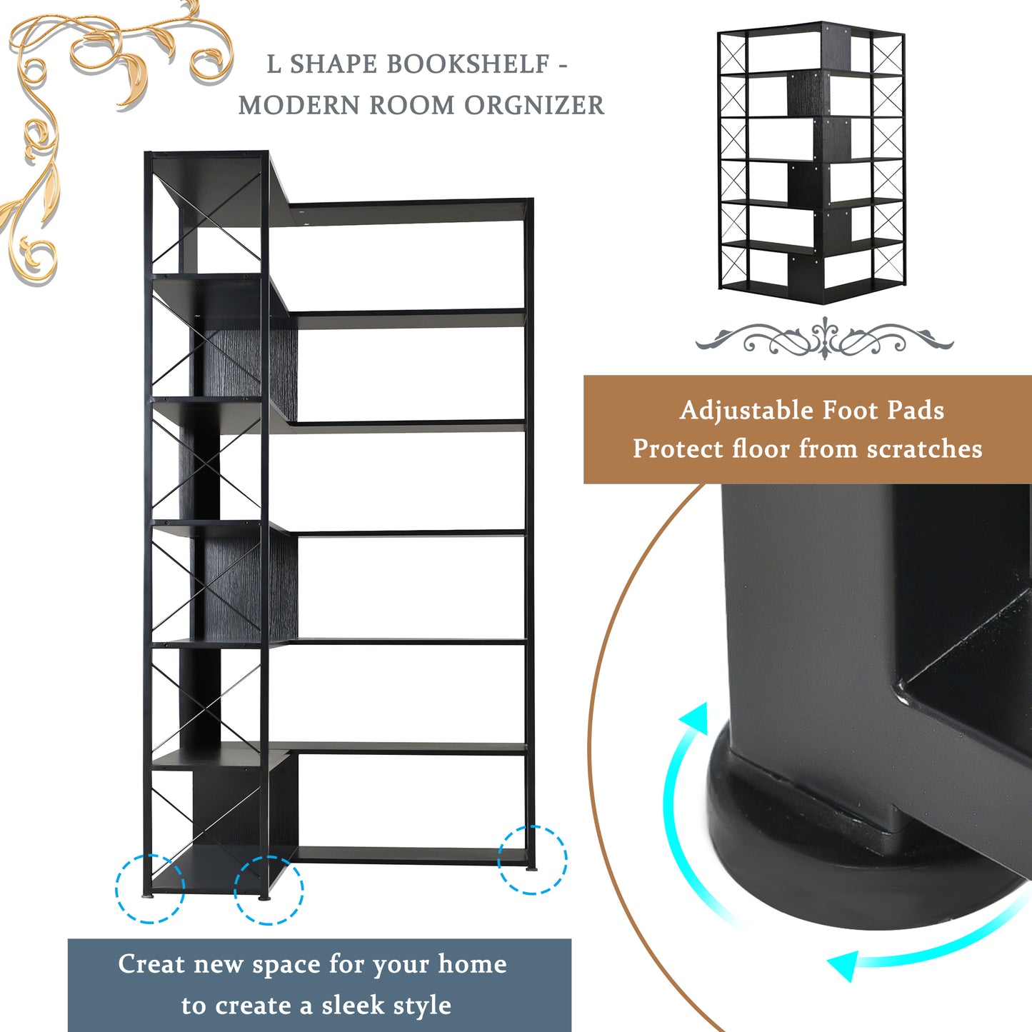 L-Shaped Corner Bookcase - Black
