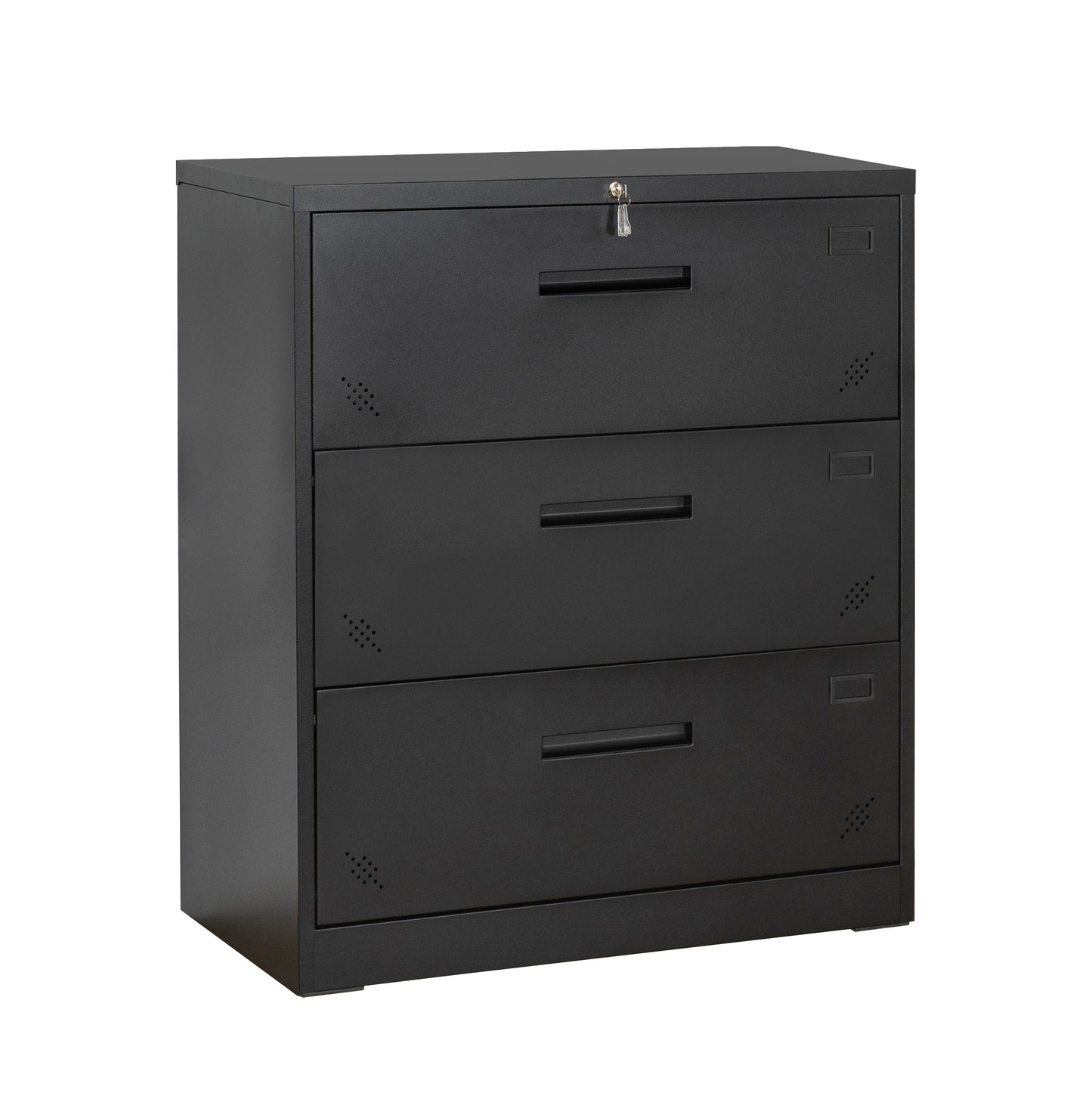 Lock Metal Steel 3 Drawer Lateral Filing Cabinet - Black