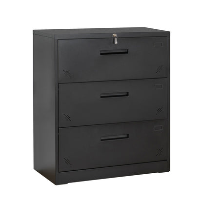 Lock Metal Steel 3 Drawer Lateral Filing Cabinet - Black