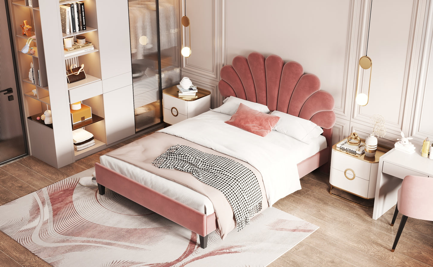 Floral Bliss Full Size Velvet Platform Bed Frame - Red