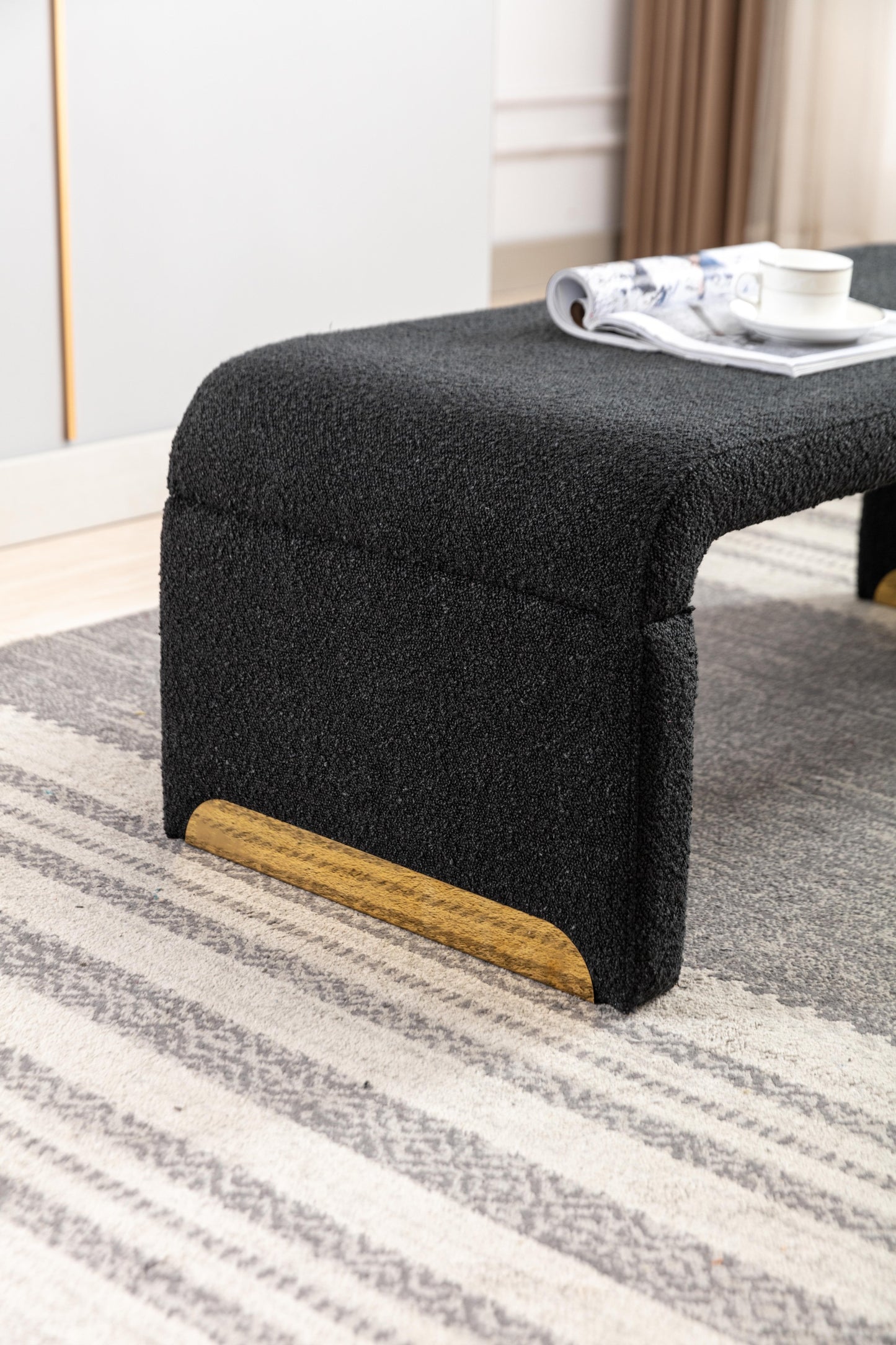 Boucle Fabric Ottoman - Black
