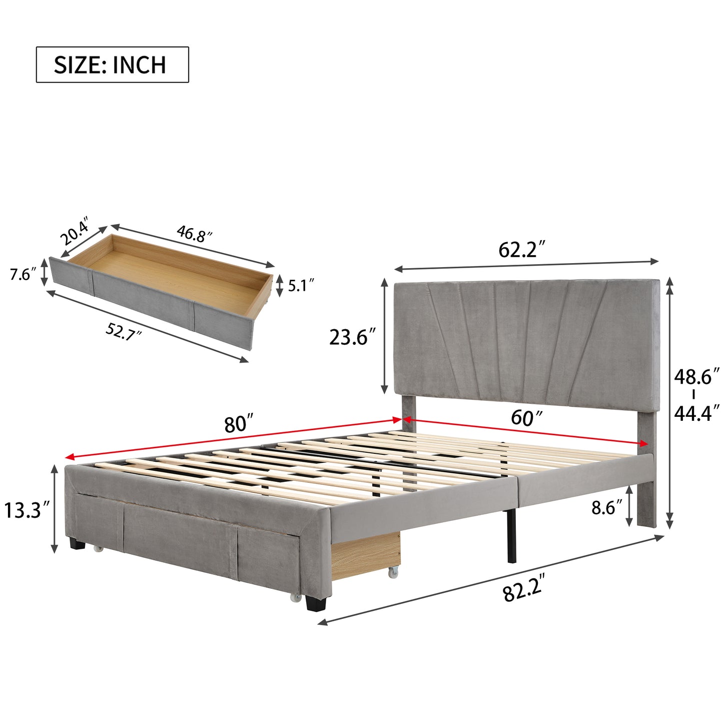 Xavier Queen Size Storage Bed Metal Platform Bed with Drawer - Gray