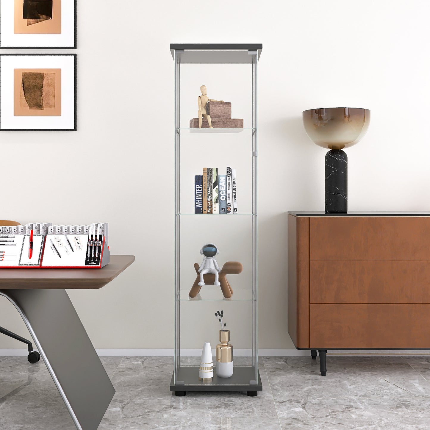 Glass Display Cabinet 4 Shelves with Door - Black