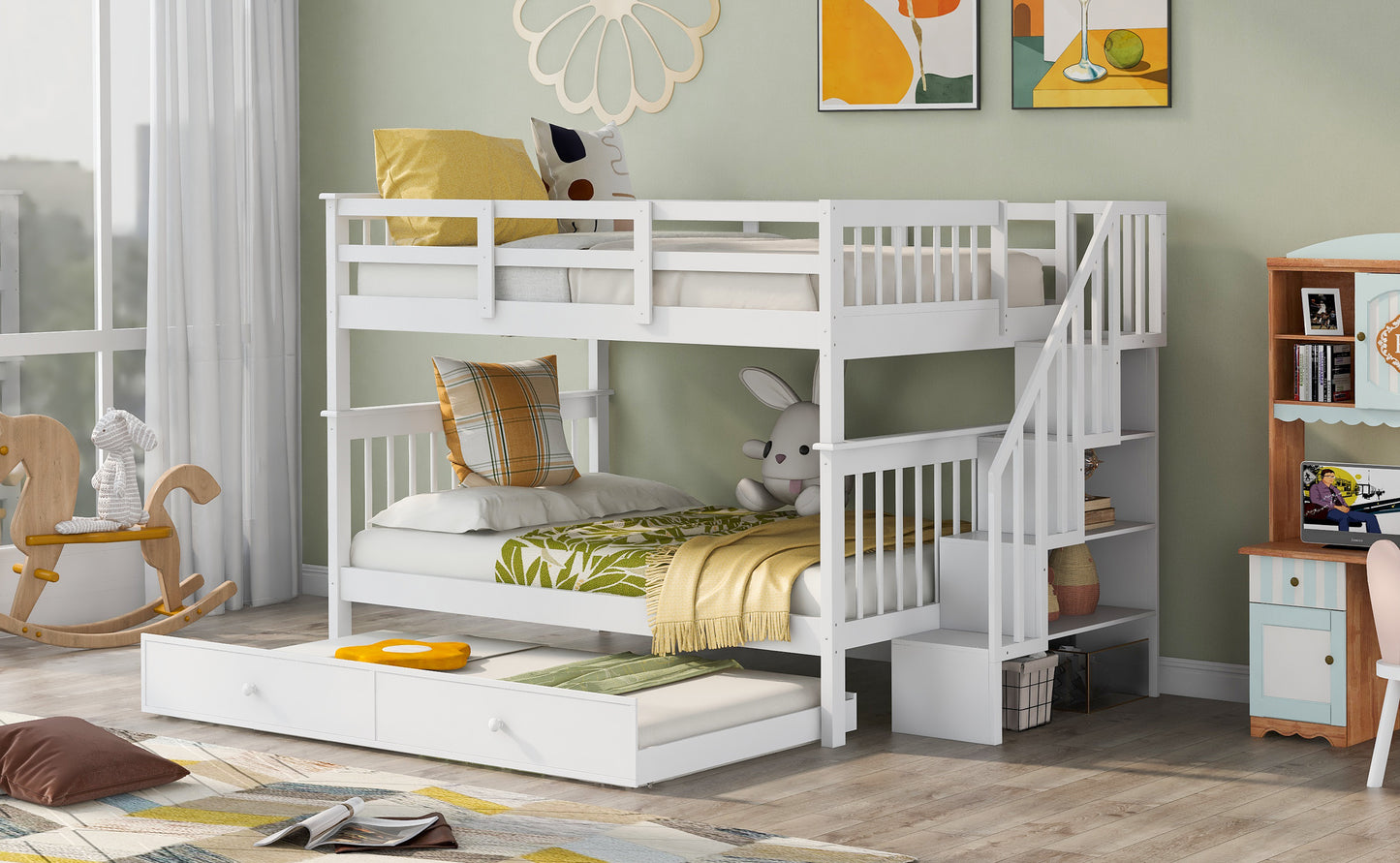Dreamscape Twin Trundle Bunk Bed with Storage and Guard Rail - Snow White