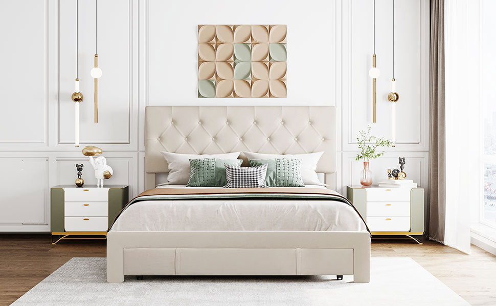 Helena Queen Size Velvet Platform Bed Frame - Beige