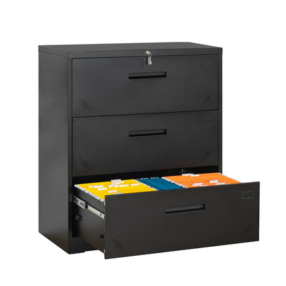 Lock Metal Steel 3 Drawer Lateral Filing Cabinet - Black