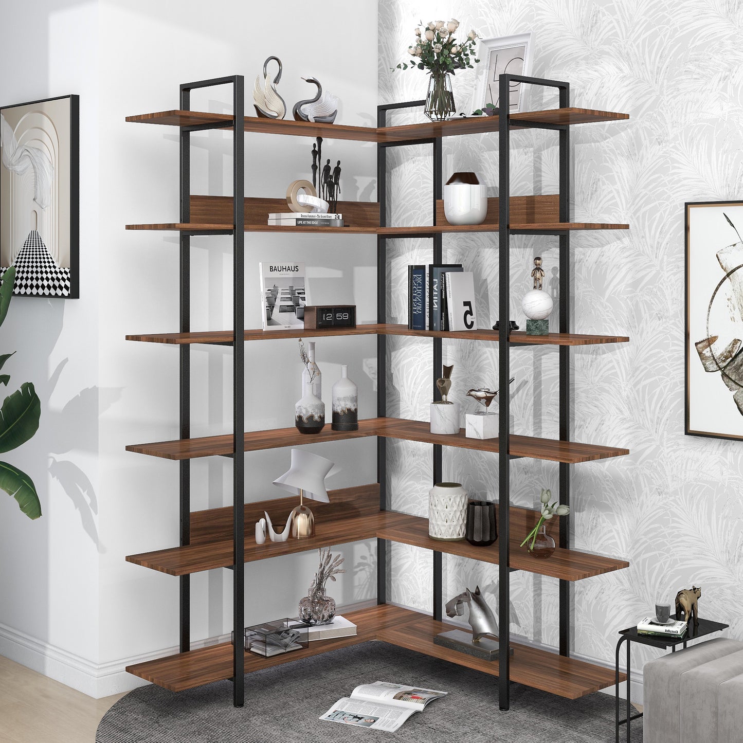 Stainless Steel Frame Corner 6-tier Shelves - Brown