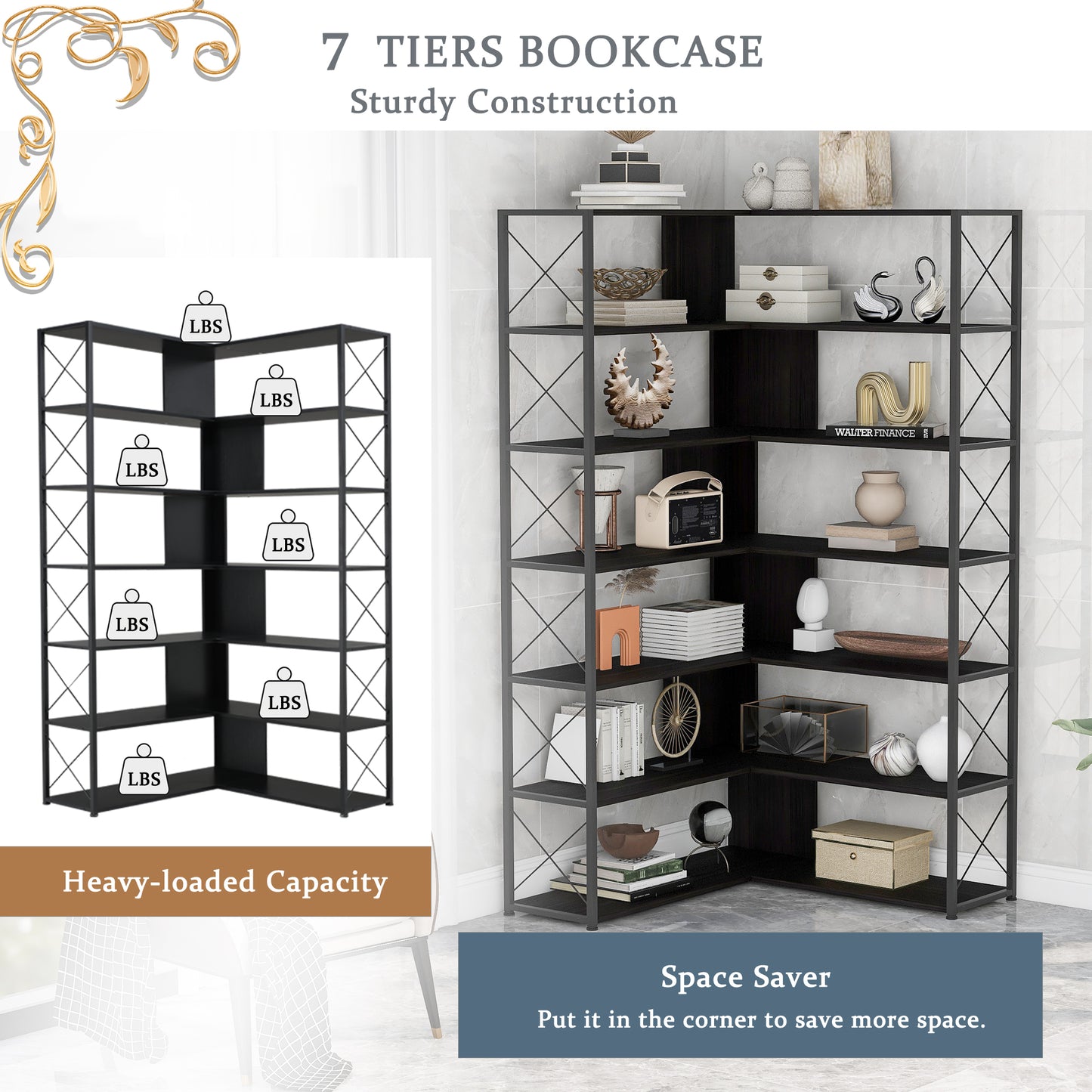 L-Shaped Corner Bookcase - Black