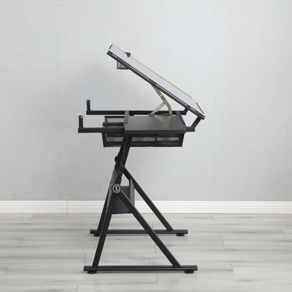 Adjustable tempered glass drafting printing table with chair