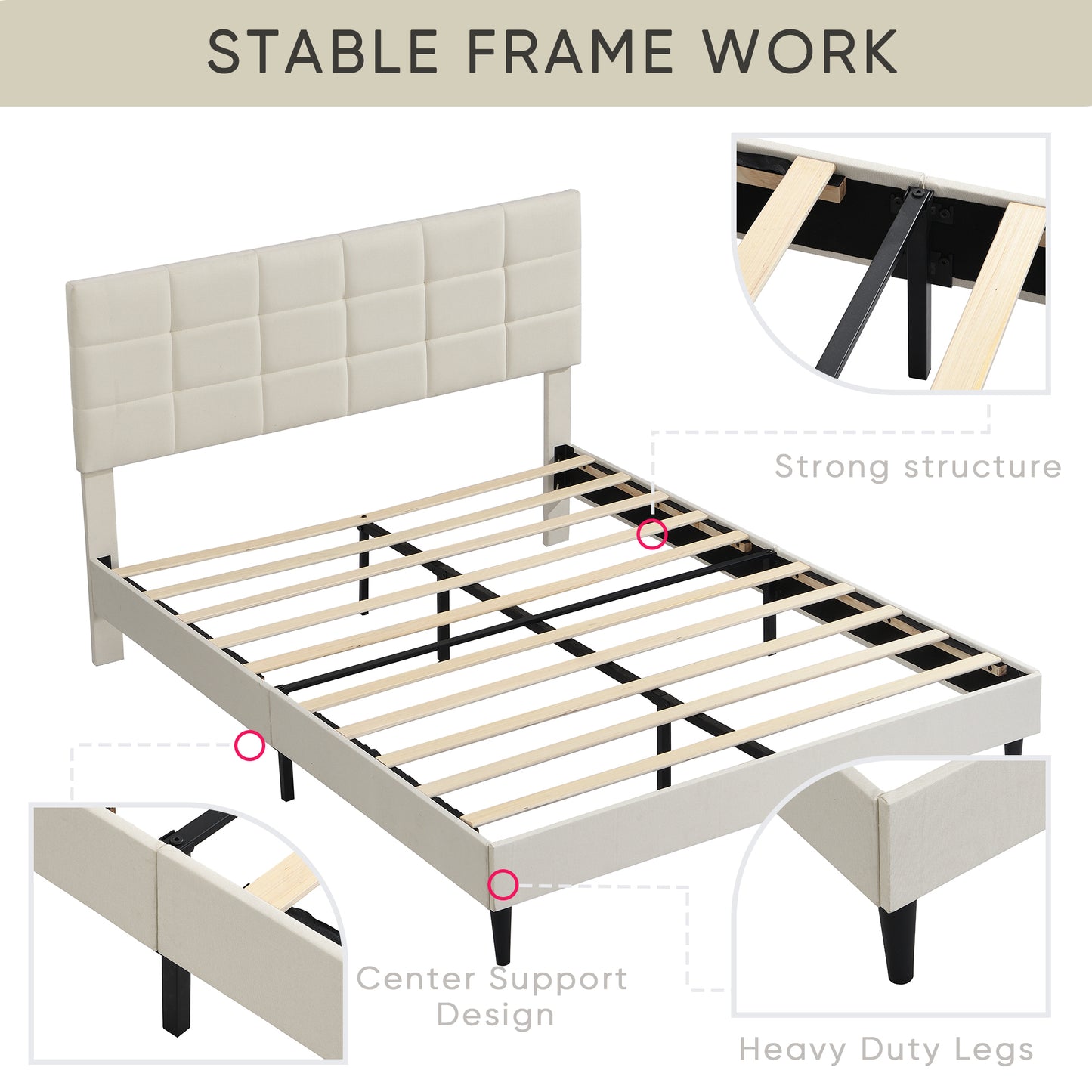 Elegant Queen Size Platform Bed Frame - Beige