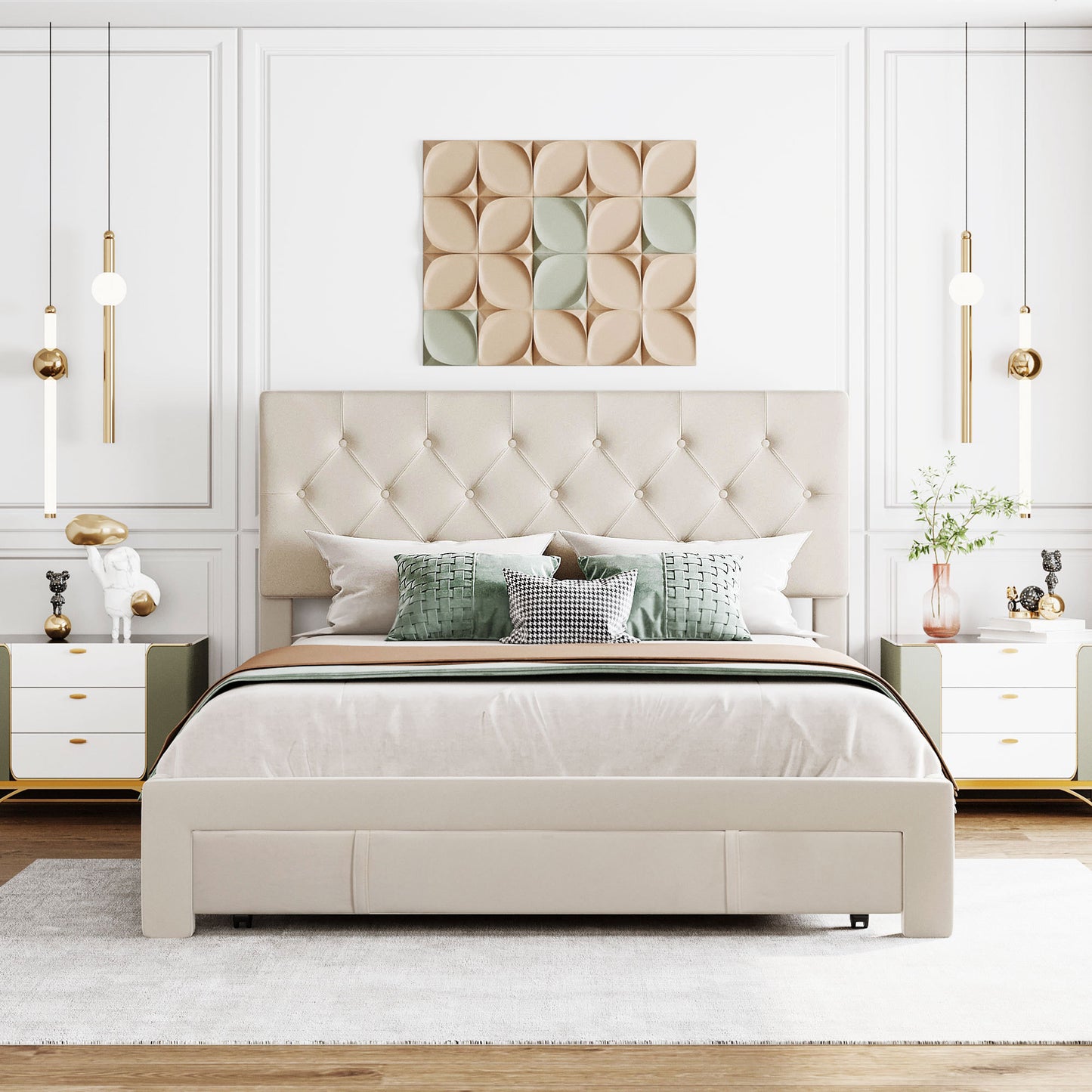 Helena Queen Size Velvet Platform Bed Frame - Beige