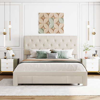 Helena Queen Size Velvet Platform Bed Frame - Beige