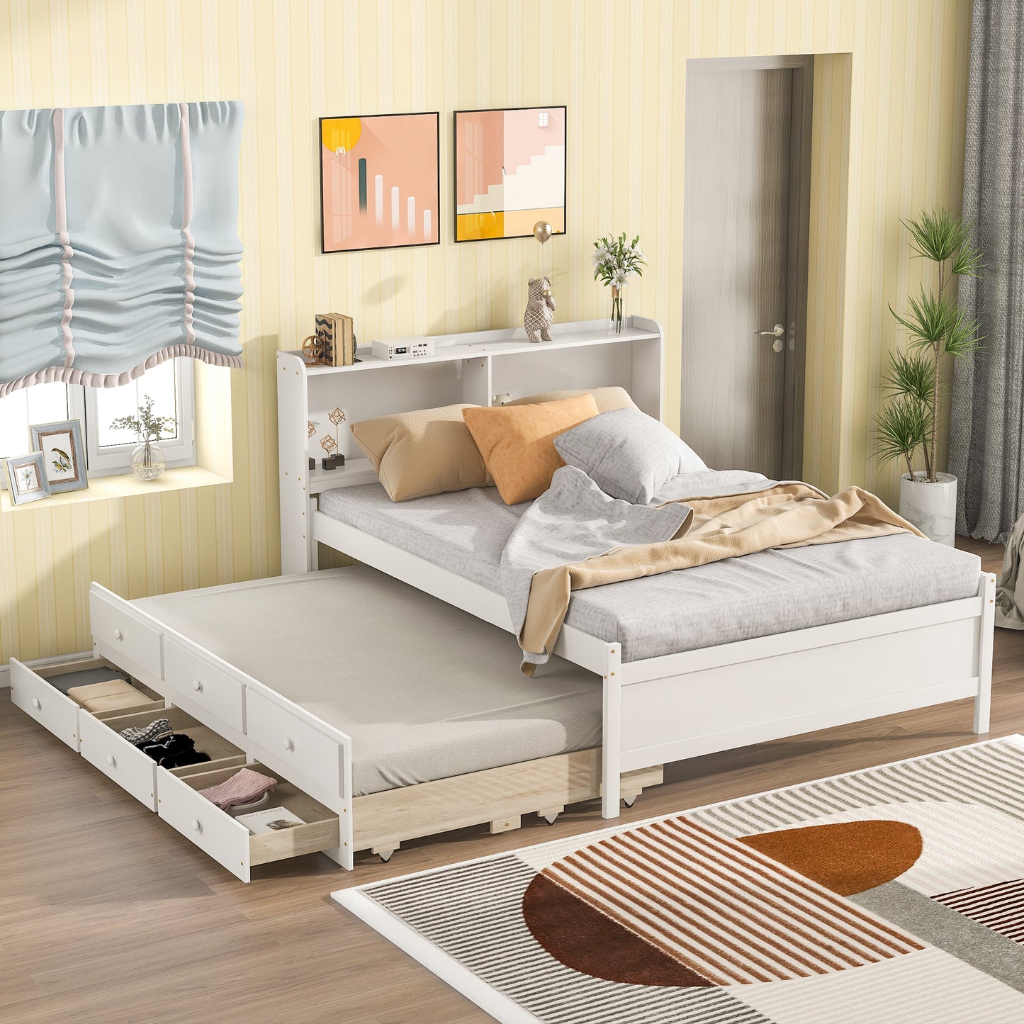 White Haven Full Bed with Bookcase, Twin Trundle, and Drawers