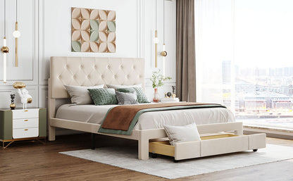 Helena Queen Size Velvet Platform Bed Frame - Beige