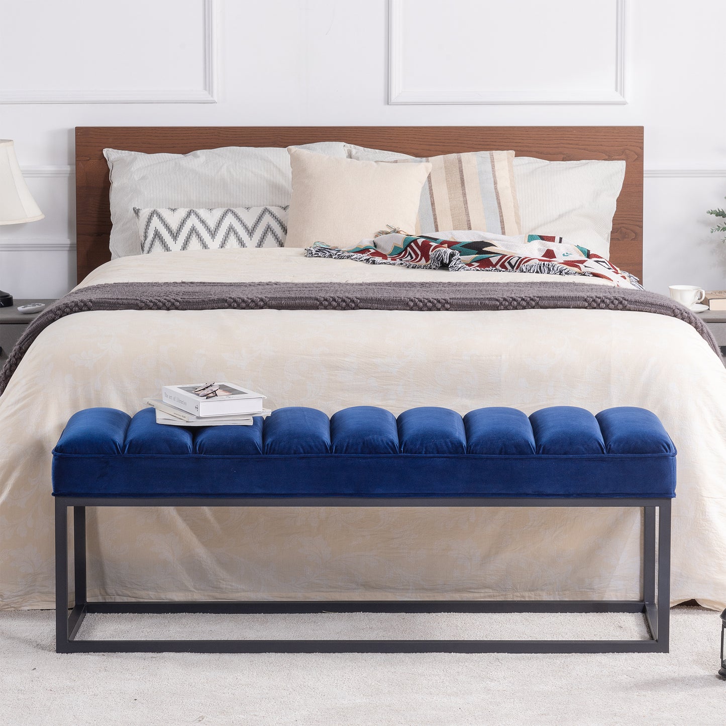 Metal Base Upholstered Bench - Navy Blue