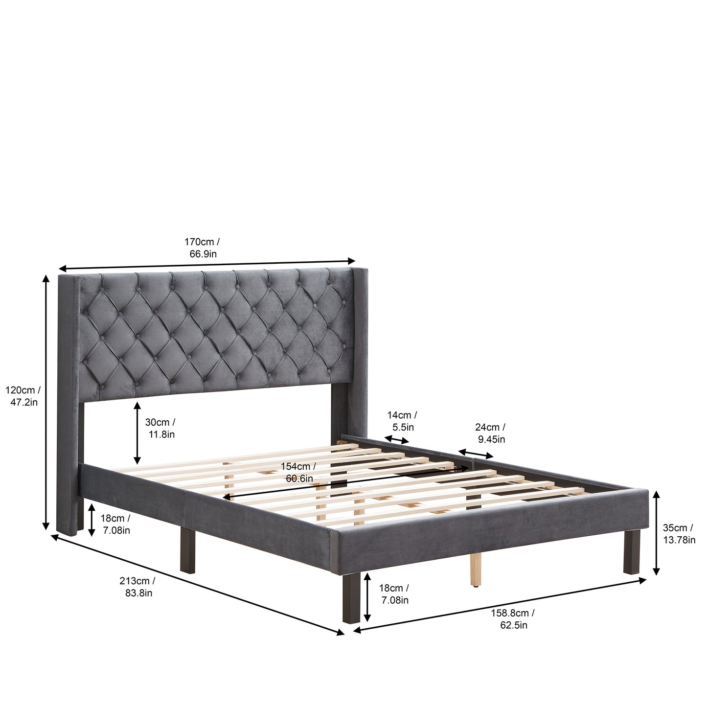 EleganceRest Velvet Winged Queen Bed