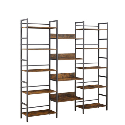 Triple Wide 5-shelf Bookshelves Industrial Retro Wooden Style - Rustic Brown