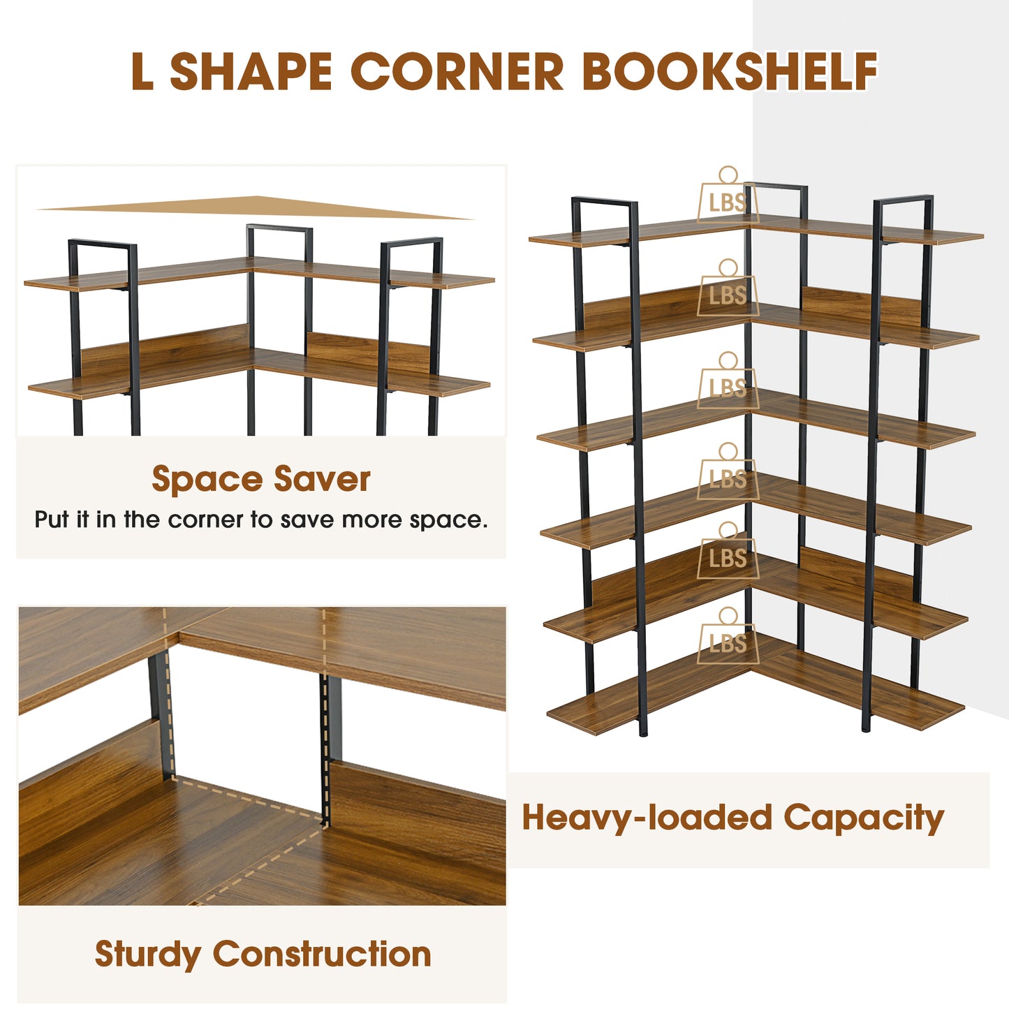 Stainless Steel Frame Corner 6-tier Shelves - Brown