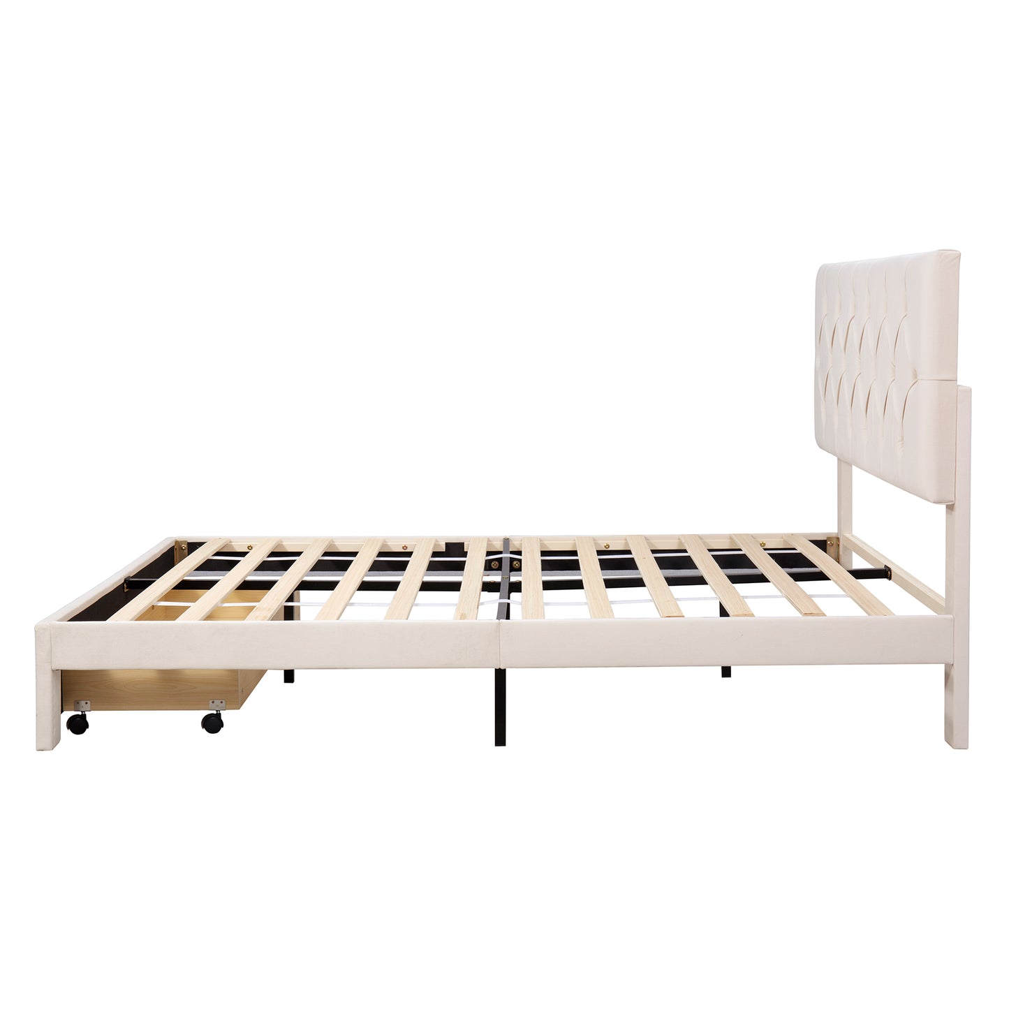 Helena Queen Size Velvet Platform Bed Frame - Beige