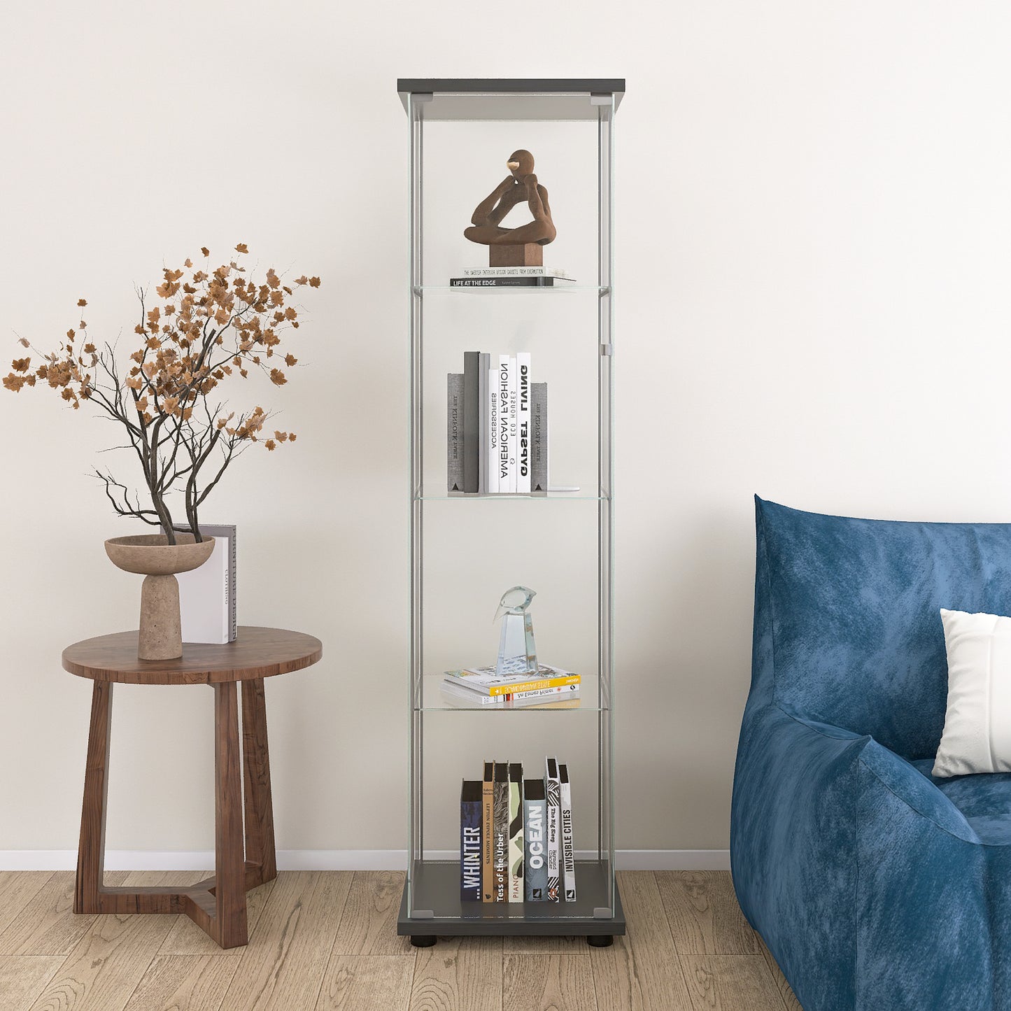 Glass Display Cabinet 4 Shelves with Door - Black